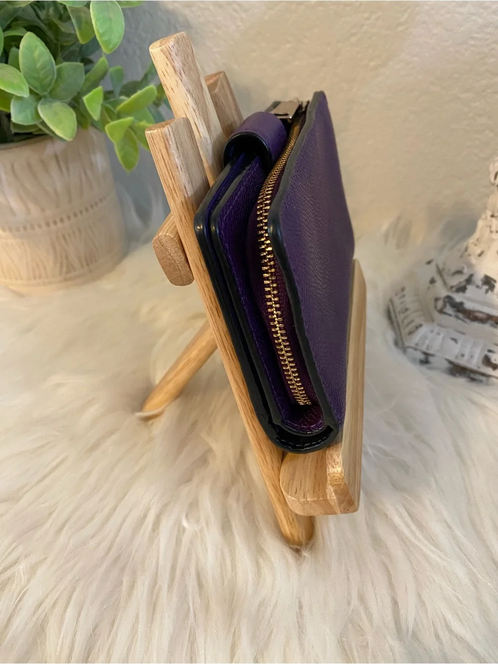 Coach Eggplant Purple Leather Snap-Closure Wallet with Gold Logo